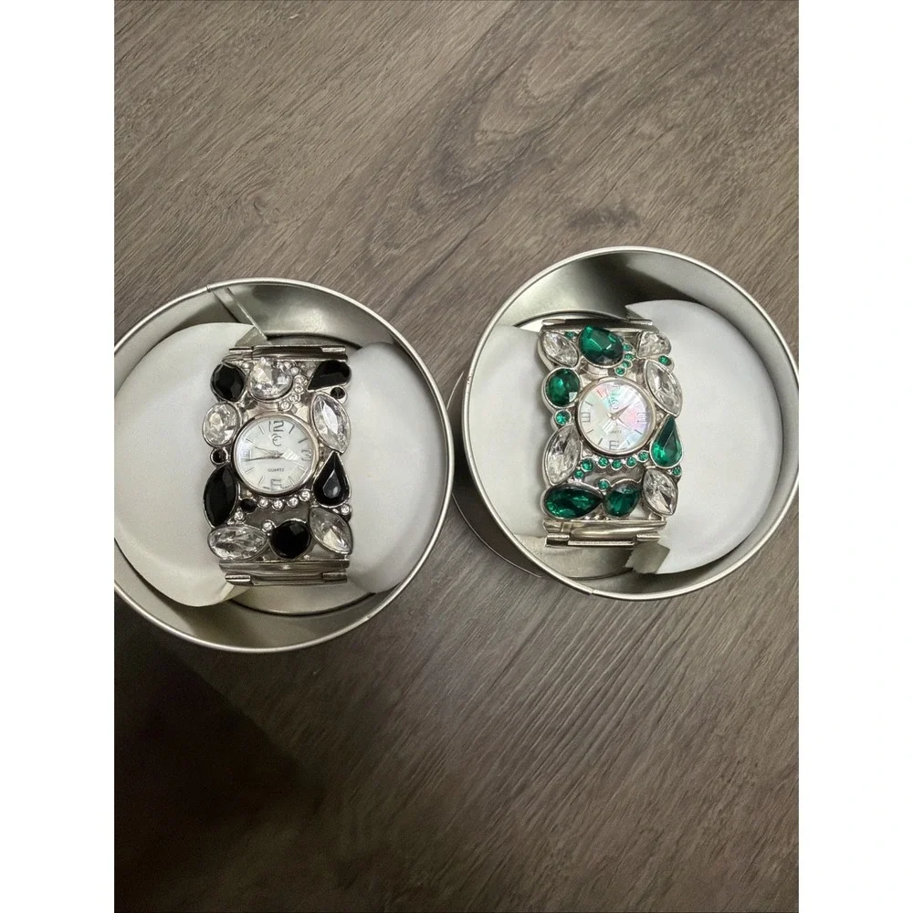 Charming Charlie Cuff Watch Lot 2 Black Green Rhinestone Statement  Watches‎